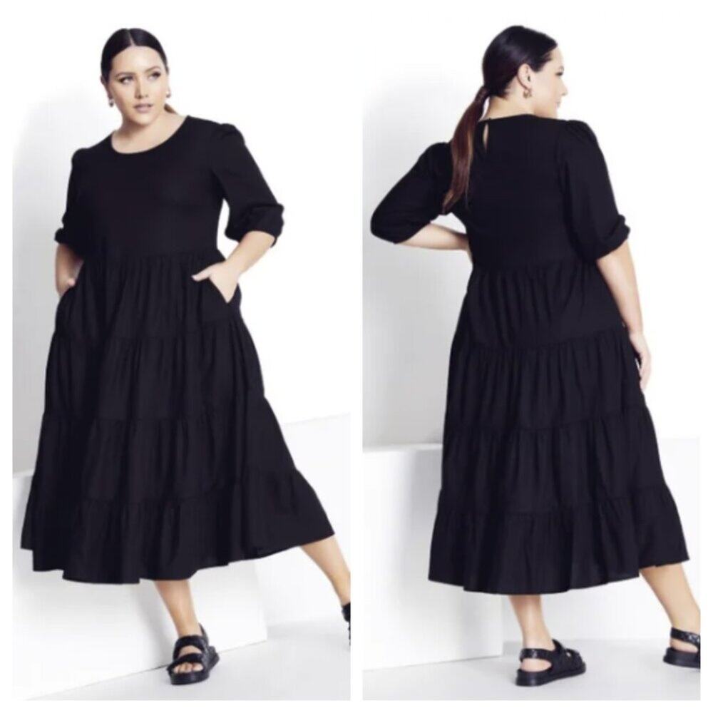 City Chic Women's Linen Blend Contempo Tier Dress Black Size 16